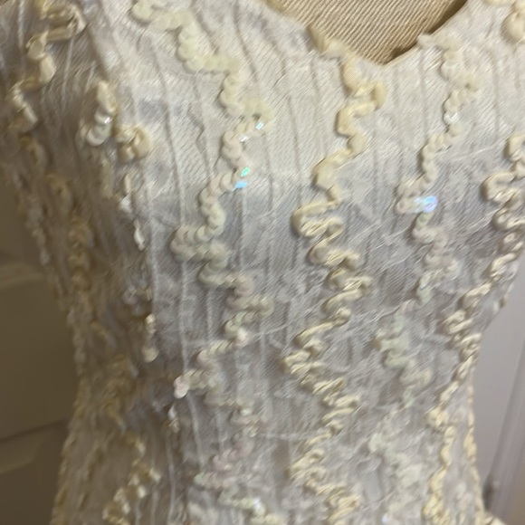 Dave & Johnny Couture Formal Mini Dress With Train / White with Cream Sequins - Picture 5 of 13